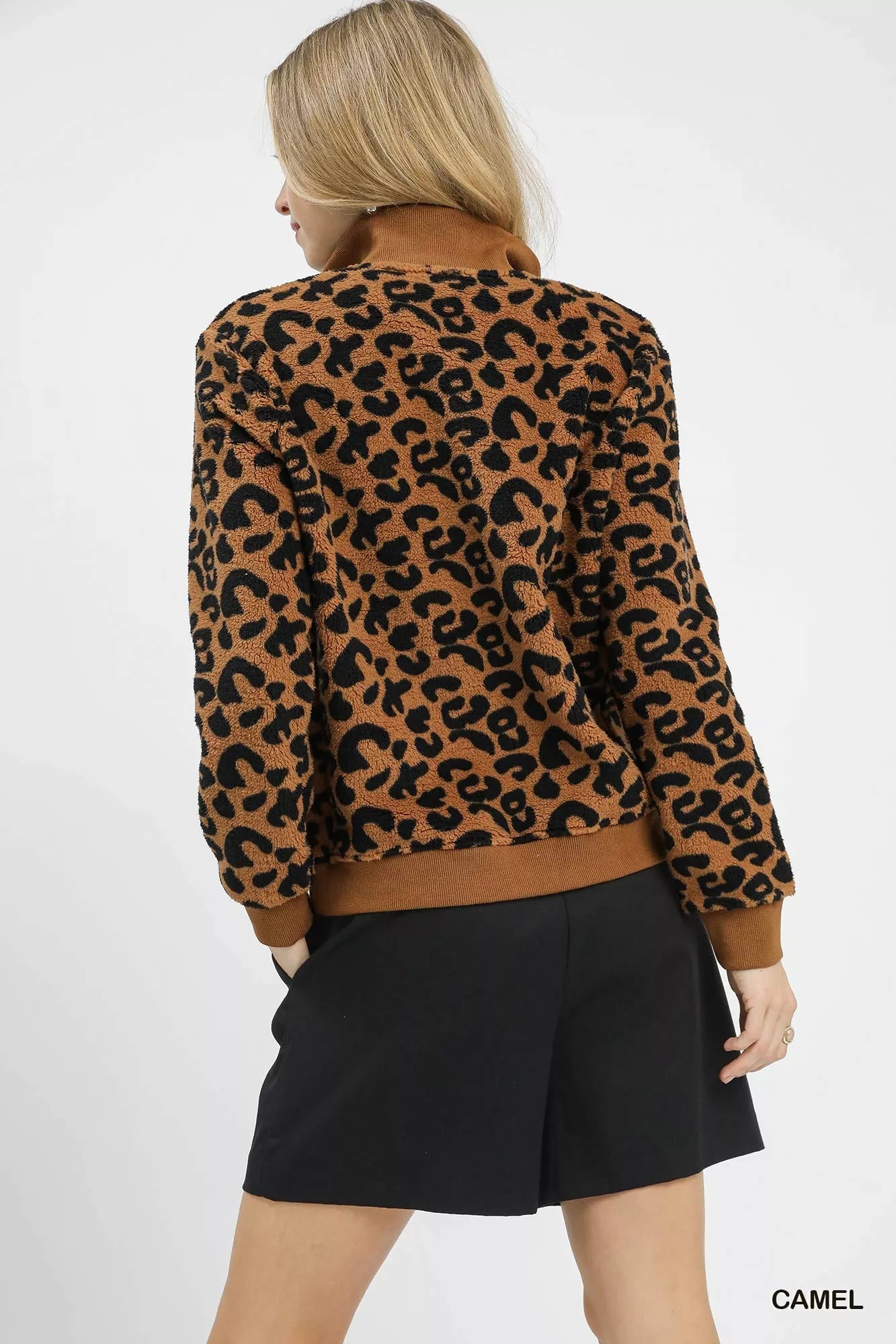 Umgee Camel Leopard Print Quarter-Zip Sweatshirt