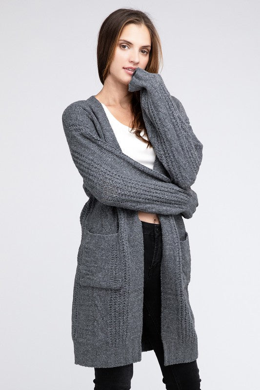 BiBi Twist Knitted Open Front Cardigan With Pockets CHARCOAL BiBi