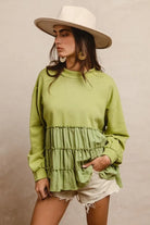 BiBi Light Olive French Terry and Woven Mixed Tiered Top