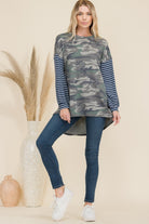 Celeste Camo Print High-Low T-Shirt with Stripe Sleeves