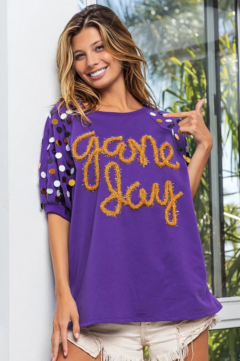 BiBi Purple & Gold Game Day Metallic Letter Spangle Sleeve Top