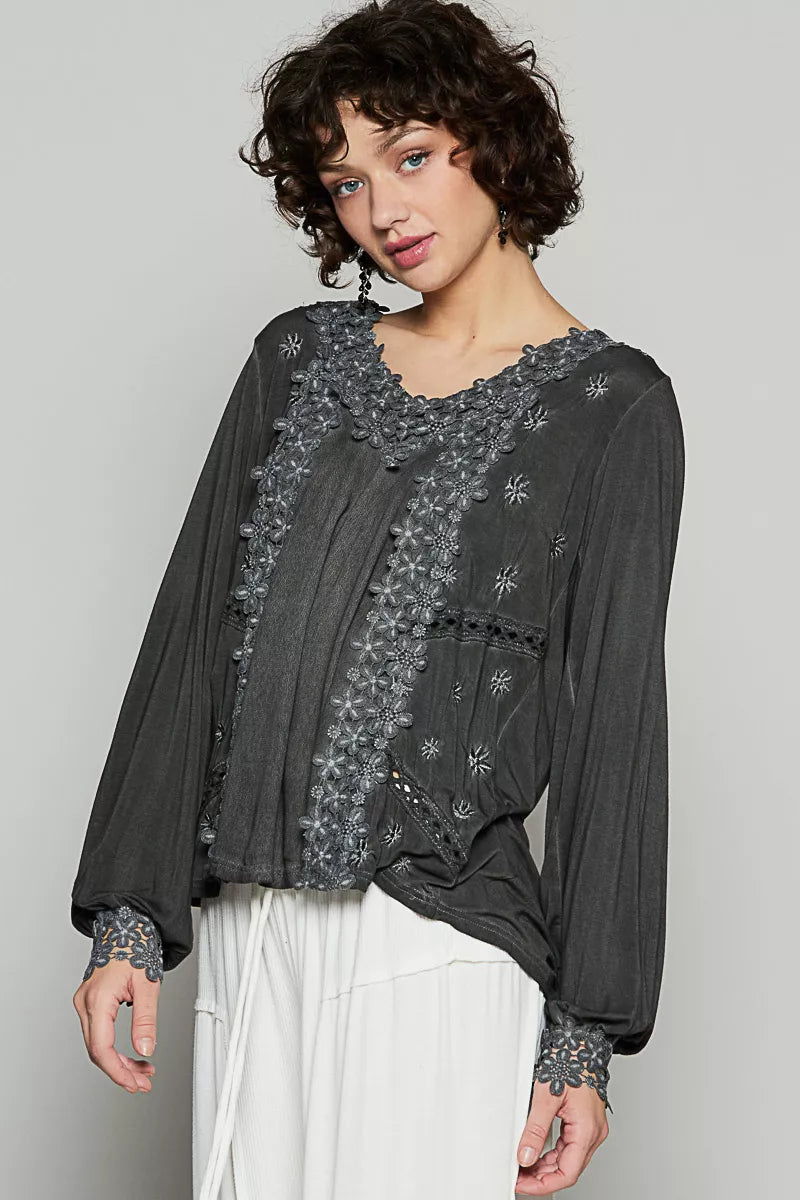 POL Floral Embroidery Woven Top with Lace Trim Black