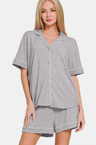 Zenana Light Grey Button Down Short Sleeve Top and Shorts Lounge Set Light Gray Loungewear Set