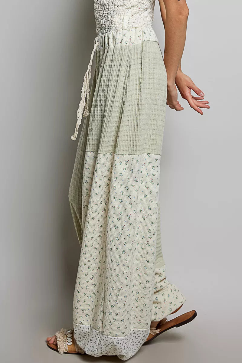 POL Sage Patchwork Mixed Knit Wide Leg Pants