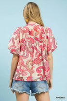 Umgee Pink Mix Paisley Print Peasant Top with Tie Neck