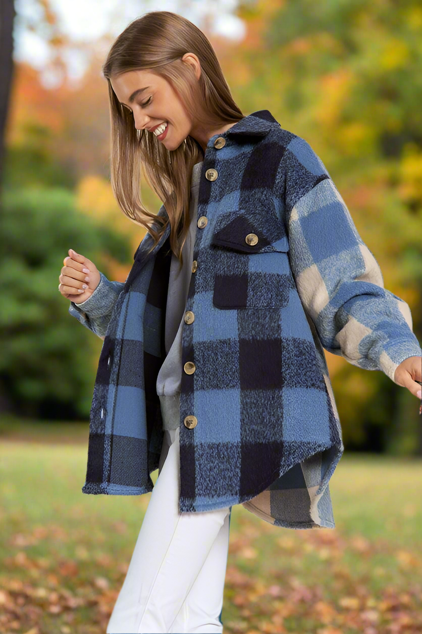 Davi & Dani Multi Plaid Chest Pocket Detail Shacket Davi & Dani