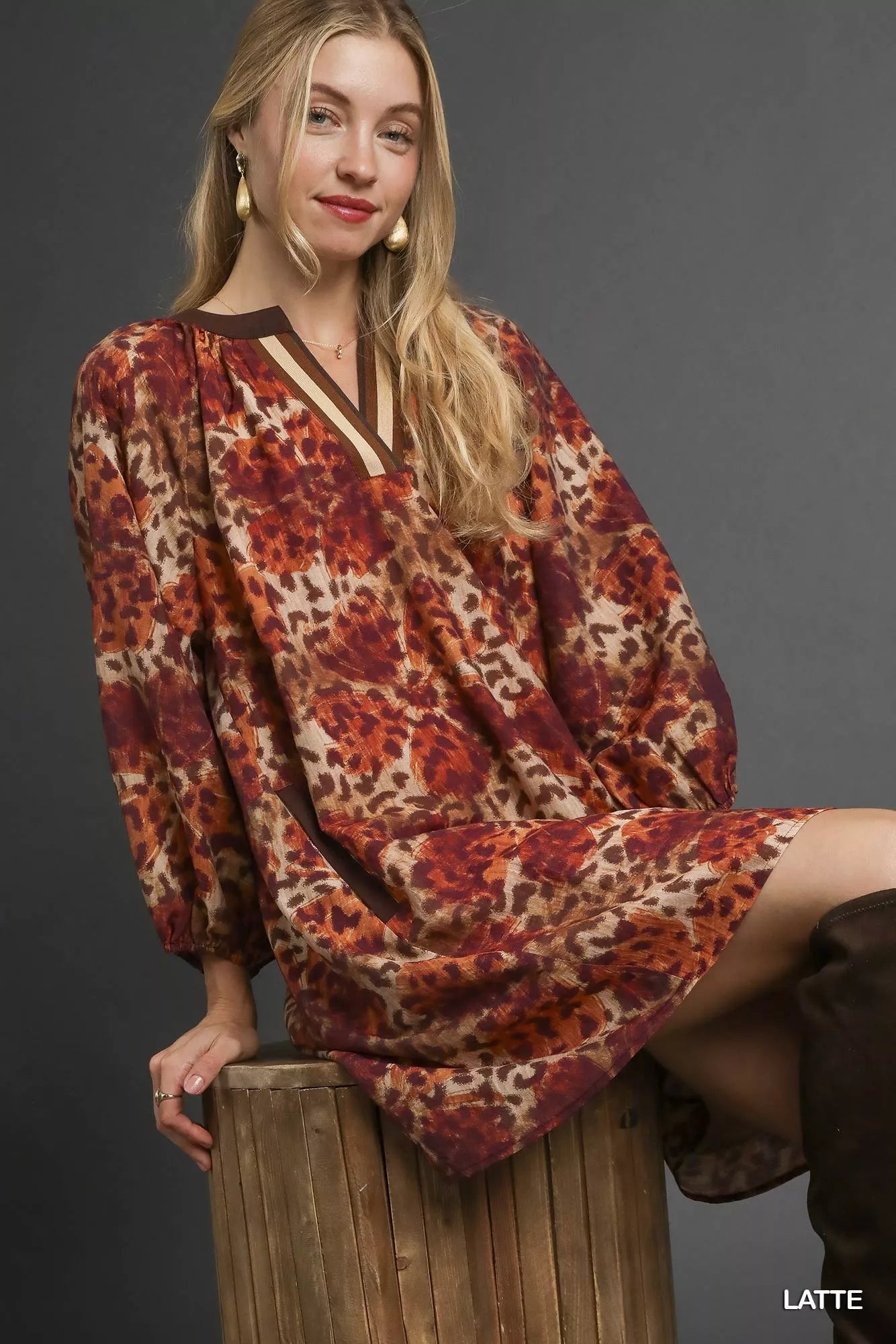Umgee Latte Animal Print Boho Tunic Dress with Contrast Trim Detail