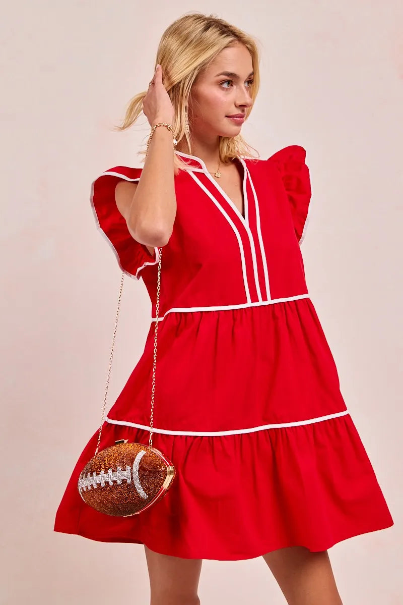 BiBi Red Game Day Theme Contrast Binding Ruffled Dress