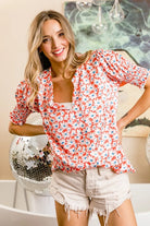 BiBi Floral Jacquard Smoked Puff Sleeves V Neck Top