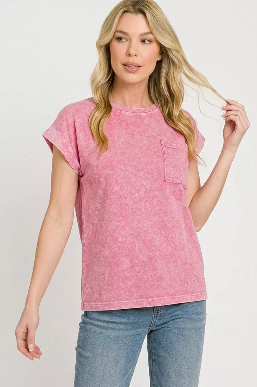 Zenana Hot Pink Halo Snow Washed Cuffed Short Sleeve Tee