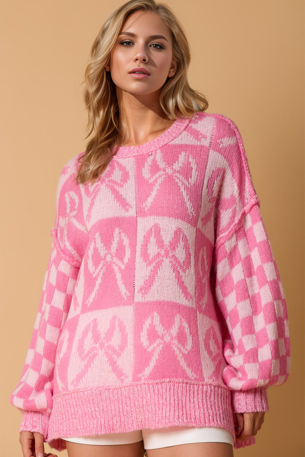 Preorder Double Take Pink Checkered Bow Contrast Long Sleeve Sweater Pink