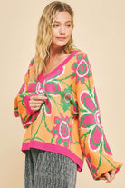 Davi & Dani Neon Orange Floral Contrast V-Neck Dropped Shoulder Sweater Trendsi