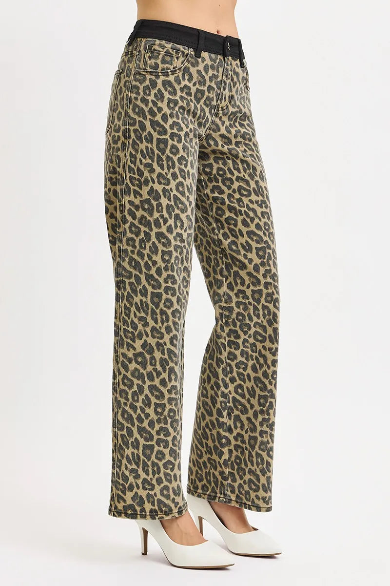 RISEN Coffee High Rise Wide Leg Leopard Printed Jeans with Contrast Waist Band Detail