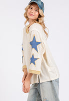 SAGE + FIG Ivory Star Patch Side Slit Round Neck Top