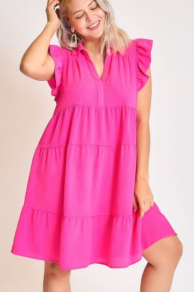 Umgee Hot Pink Johnny Collar Ruffle Cap Sleeve Tiered Dress Dresses