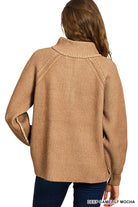 Zenana Ribbed Two-Tone Half Zip Sweater — Deep Camel/Light Mocha