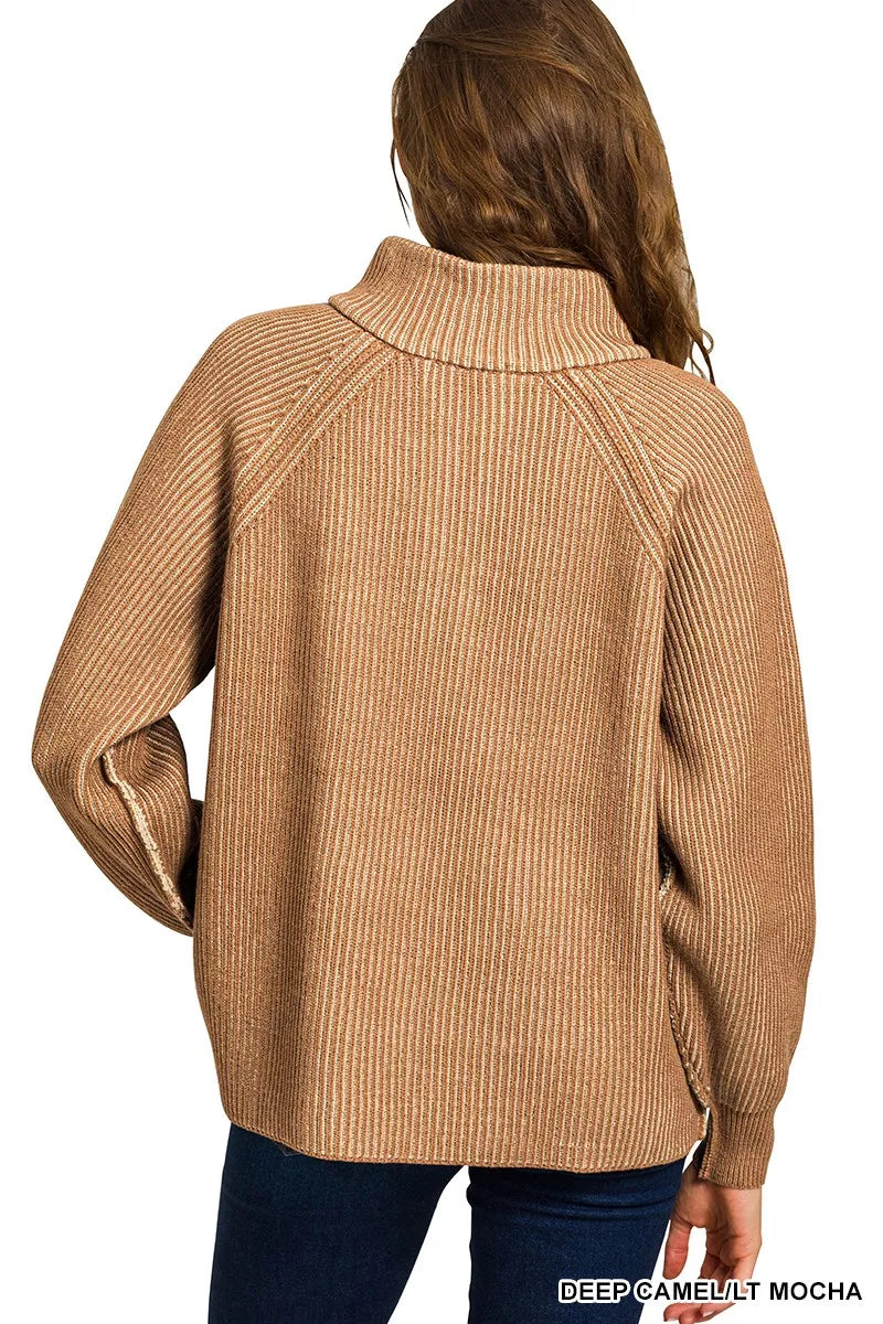 Zenana Ribbed Two-Tone Half Zip Sweater — Deep Camel/Light Mocha