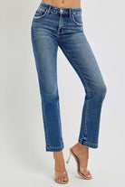 RISEN Dark Washed Tummy Control Elastic Band Mid Rise Straight Jeans