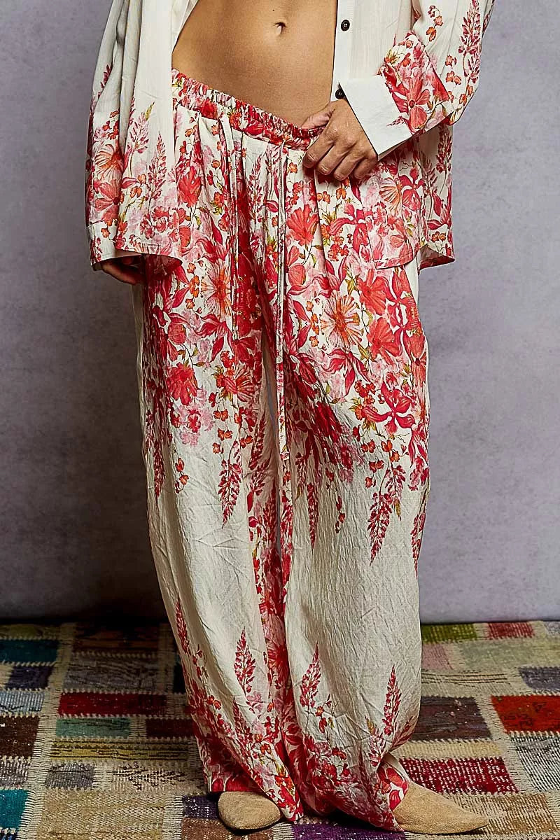 POL Ivory & Pink Floral Printed Woven Wide Leg Drawstring Pants IVORY PINK FLORAL