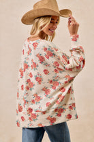 BiBi Oatmeal Floral Print Oversized Waffle Thermal Sweatshirt