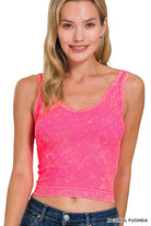 Zenana Neon Coral Fuchsia Washed Ribbed Seamless Cropped V-neck Tank Top N CORAL FUCHSIA