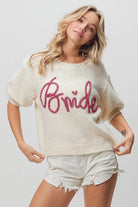 BiBi Ivory Bride Metallic Letter Short Puff Sleeve Hairy Sweater
