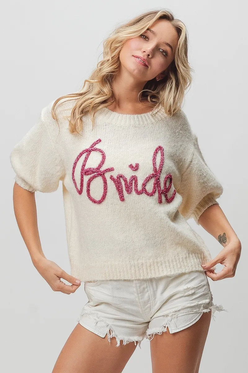 BiBi Ivory Bride Metallic Letter Short Puff Sleeve Hairy Sweater