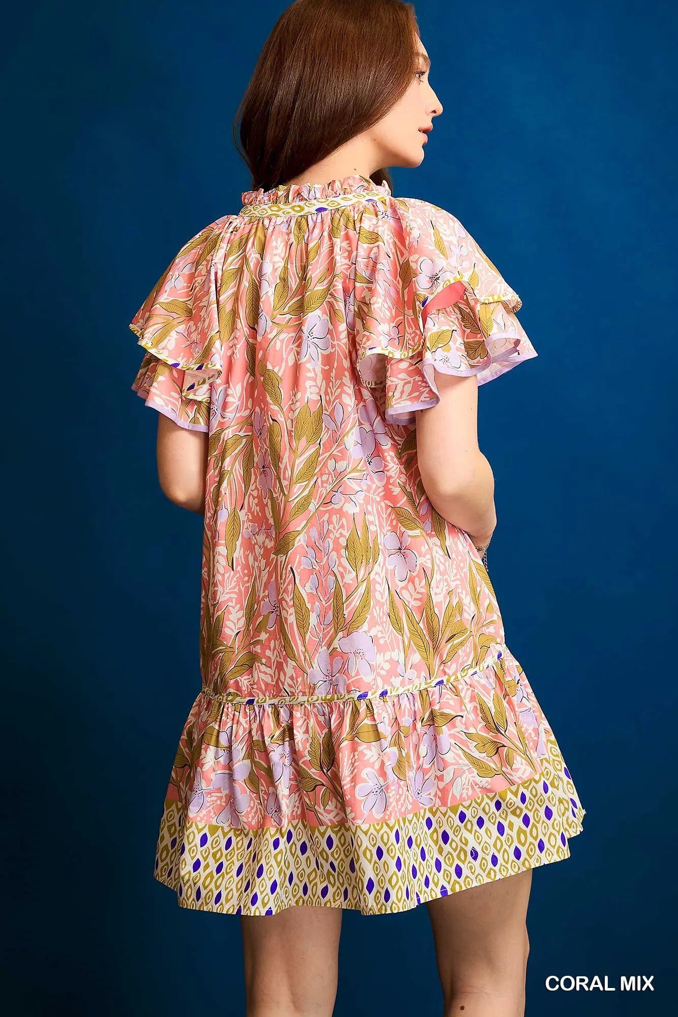 Umgee Coral Mix Floral Ruffle-Sleeve Tunic Dress