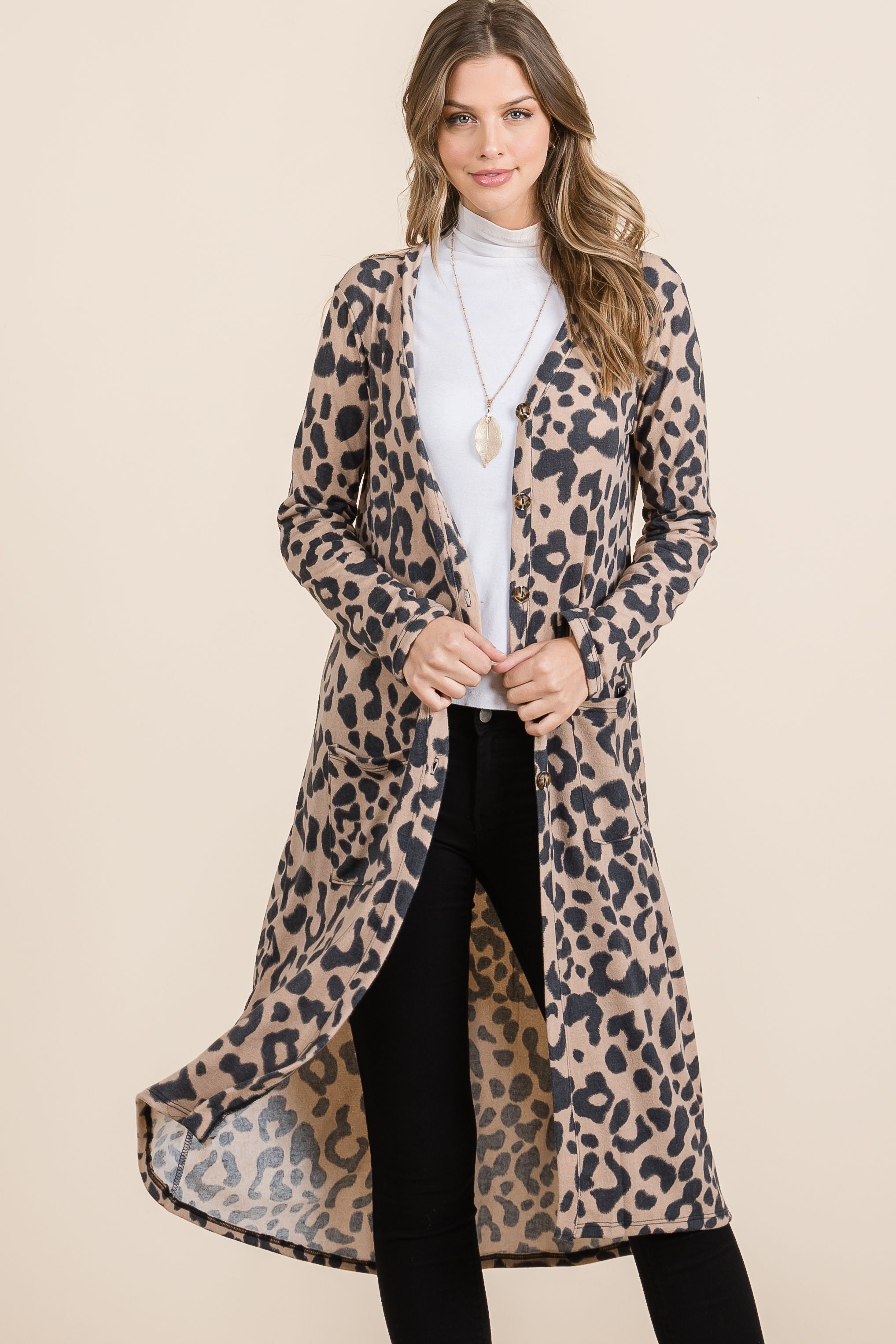 Celeste Leopard V-Neck Long Sleeve Cardigan Mocha Leopard