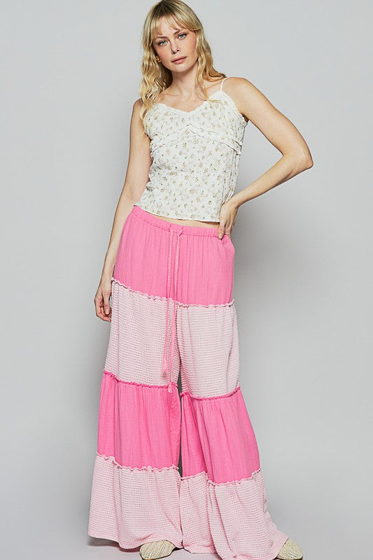 POL Hot Pink Double Gauze Two Tone Drawstring Wide Leg Pants