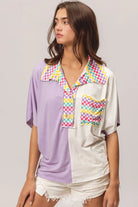 BiBi Lavender Color Block Knit with Multi Checker Contrast Top LAVENDER