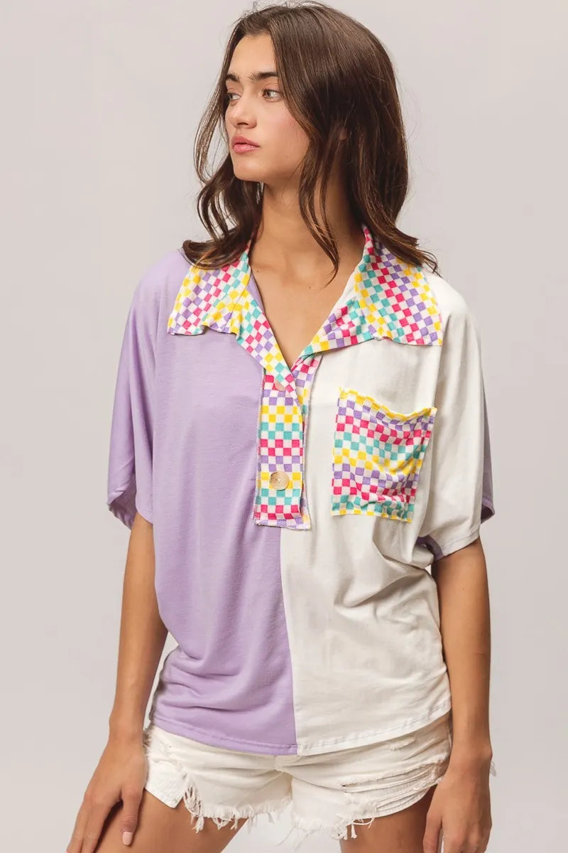 BiBi Lavender Color Block Knit with Multi Checker Contrast Top LAVENDER