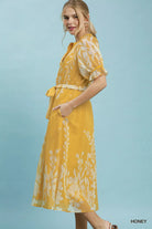 Umgee Honey Floral Print Tie Waist Midi Dress with Side Pockets