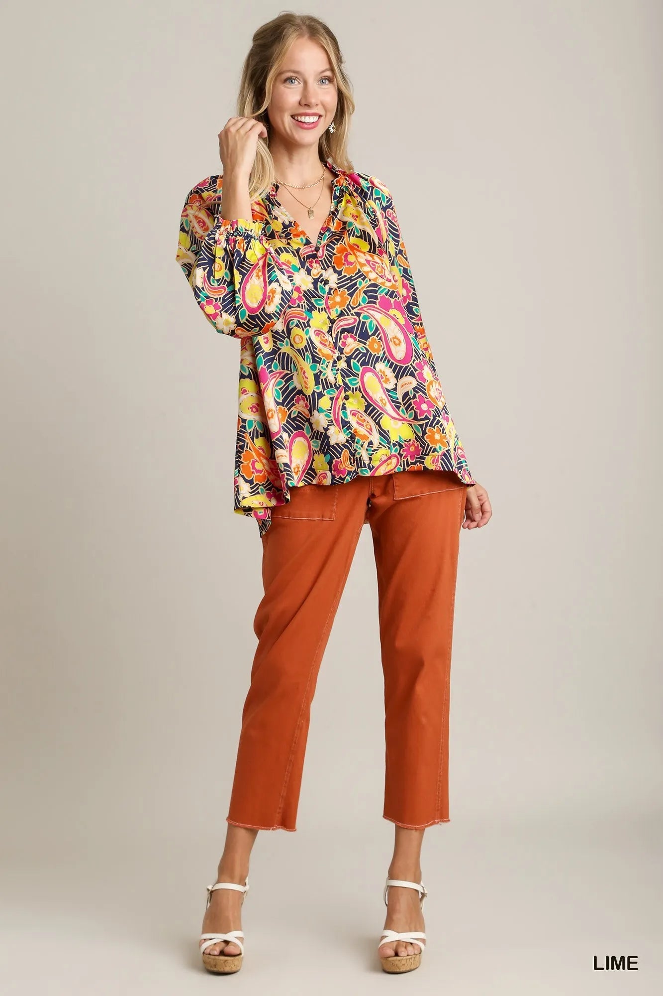 Umgee Lime Satin Paisley Floral Ruffle Neck Button-Up Shirt