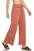 Zenana Rust French Terry Washed Exposed-seam Wide Leg Pants