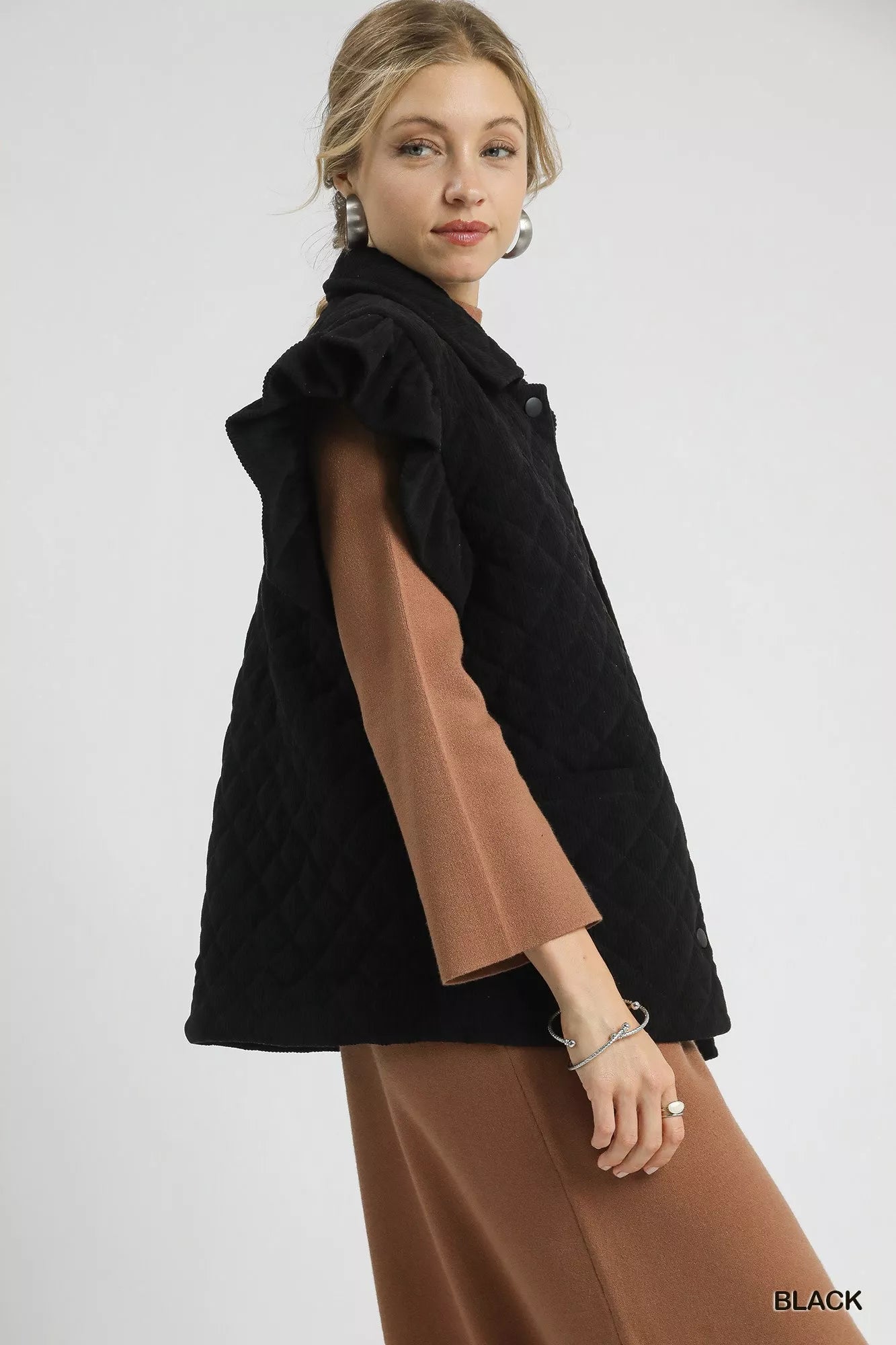Umgee Black Corduroy Quilted Ruffle Sleeve Vest
