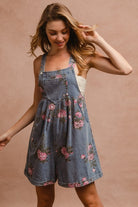 BiBi Dark Washed Flower Printed Wide Strap Denim Overalls