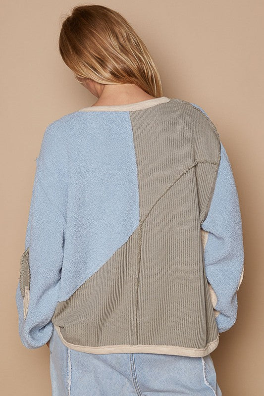 POL Pastel Blue Color Block Half Zip Dropped Shoulder Sweatshirt Shirts & Tops