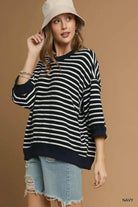 Umgee Navy Ribbed Hem Striped Oversized Knit Top Navy