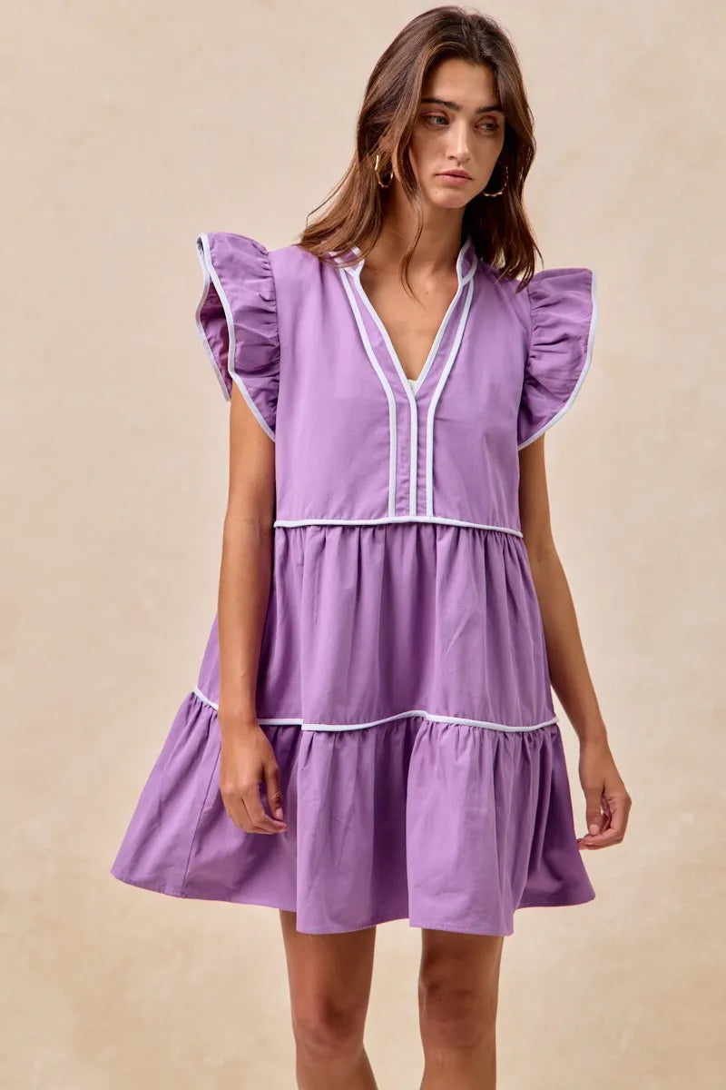 BiBi Purple Game Day Theme Contrast Binding Ruffled Dress