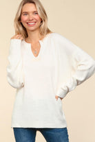 Haptics Ivory Notched Neck With Patch Oversized Sweater Shirts & Tops