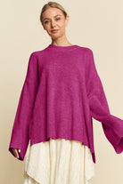 Davi & Dani Deep Purple High-Low Round Neck Drop Shoulder Sweater Deep Purple