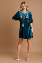 Umgee Deep Teal Embroidered Half Sleeve Velvet Mini Dress with Tassel Dresses