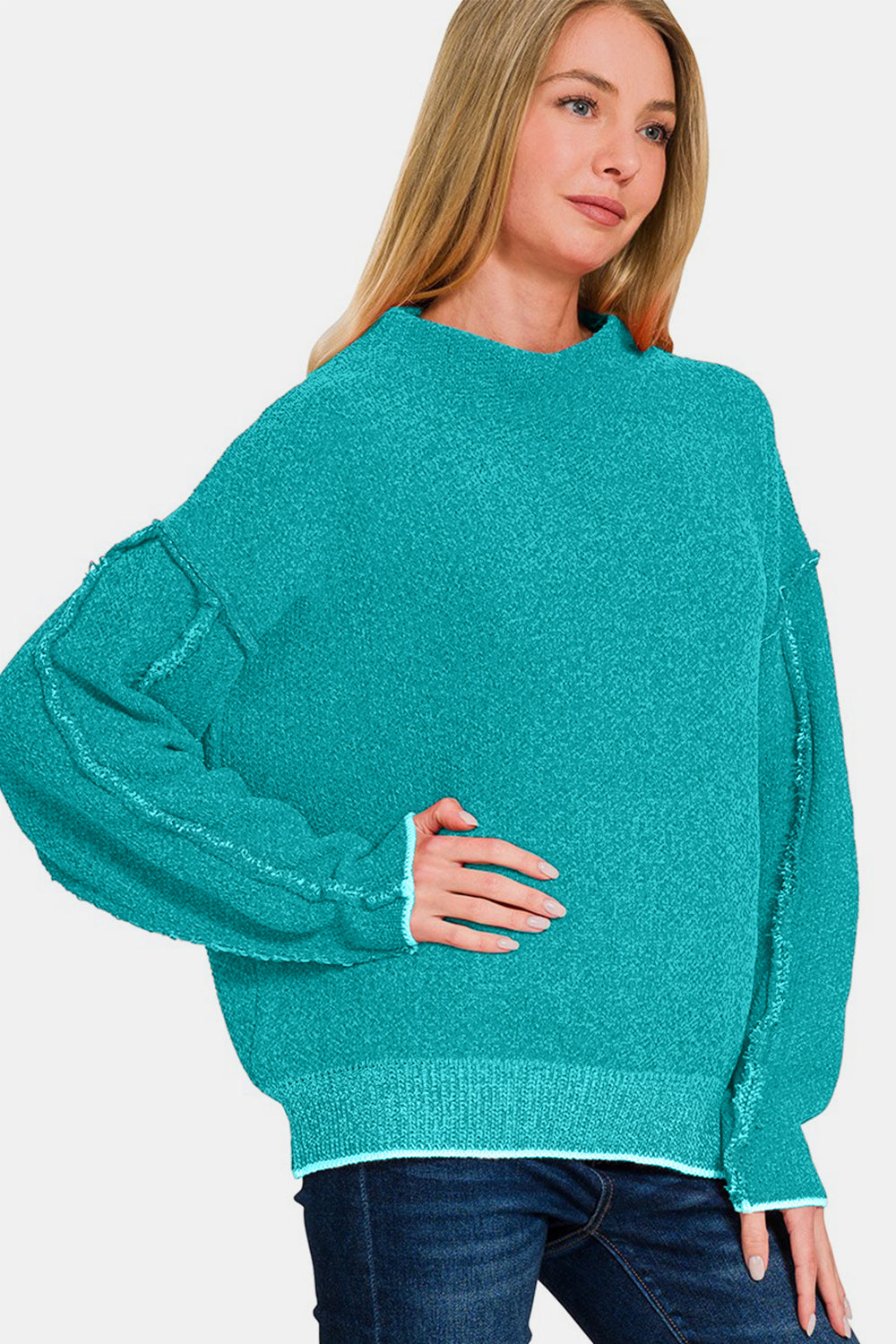 Zenana Light Teal Exposed Seam Mock Neck Long Sleeve Sweater Trendsi