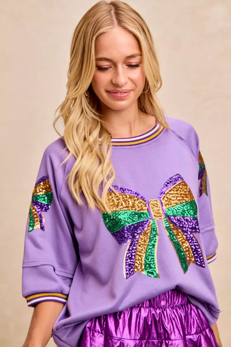 BiBi Lavender Mardi Gras Theme Ribbon Sequin Patched Top