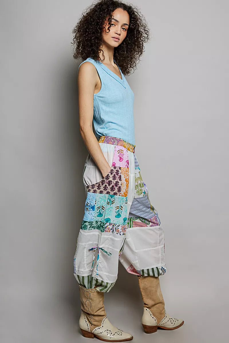 POL Ivory Multi Printed Bohemian Patchwork Wide Leg Pants with Adjustable Side Drawstring