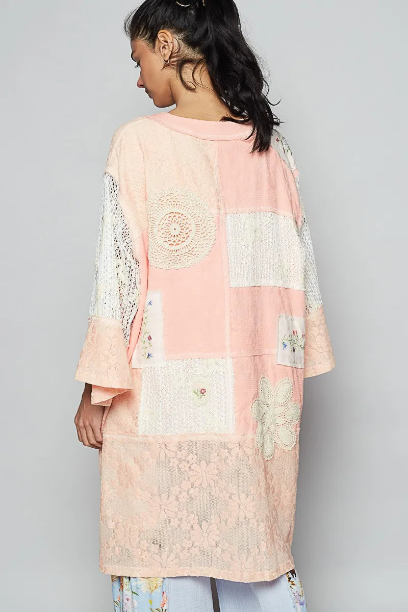POL Pink Double Gauze and Lace Mix Cardigan with Embroidered Detail