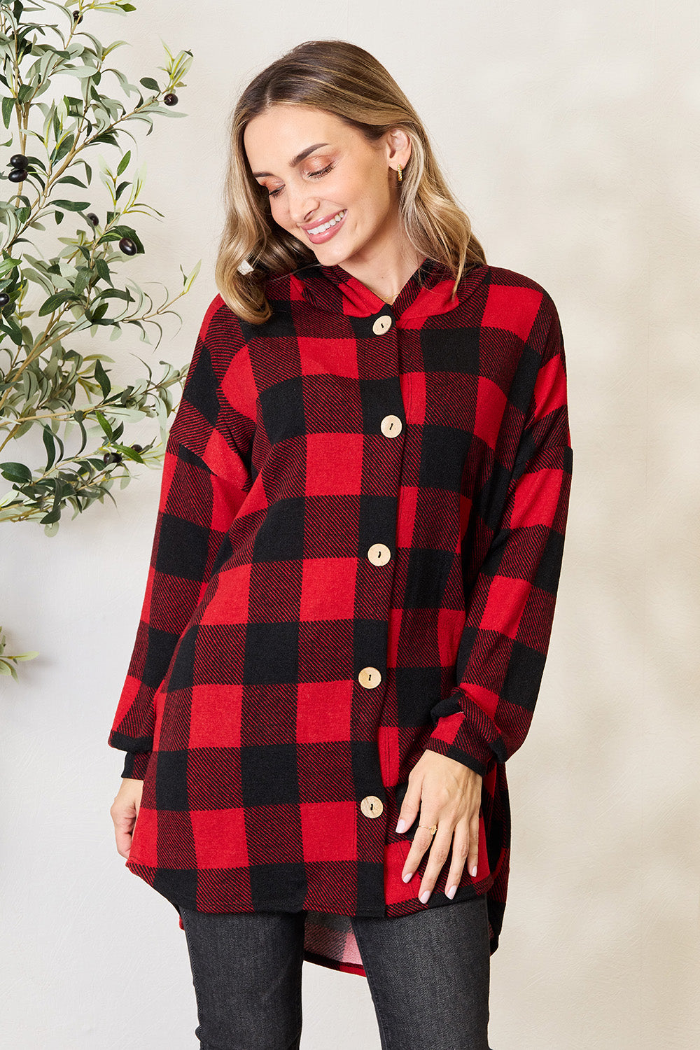 Heimish Red & Black Plaid Button Front Hooded Shirt Black Red Trendsi