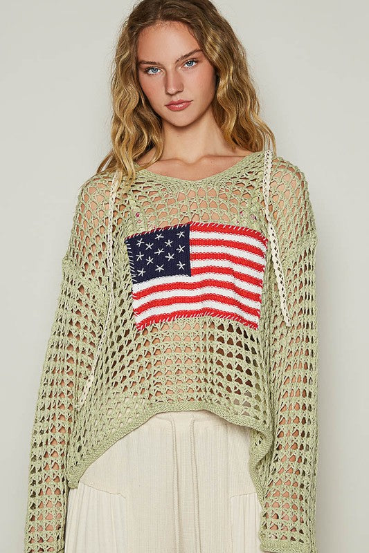 POL US Flag Hollowed Out Long Sleeve Knit Hooded Top in Sage Sage