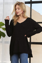 ADORA Black High-Low Side Slit V-Neck Sweater